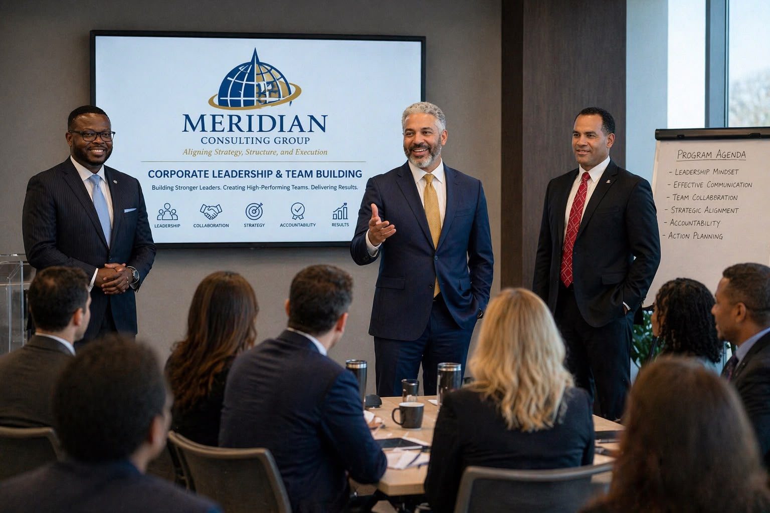 Meridian consultants leading a corporate leadership and team-building session with senior leaders